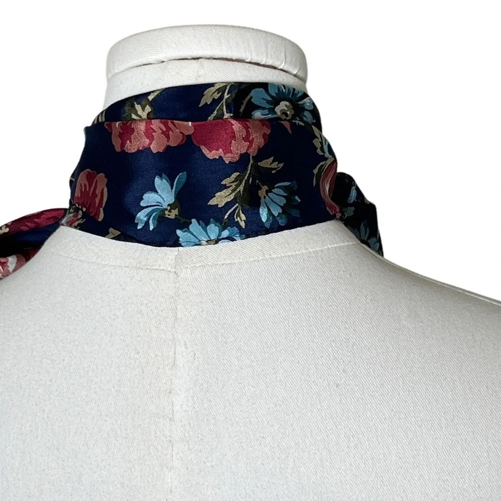 Floral Satin Neck Scarf Navy Blue Bow Tie Neck Cottagecore Vintage‎ Style OS